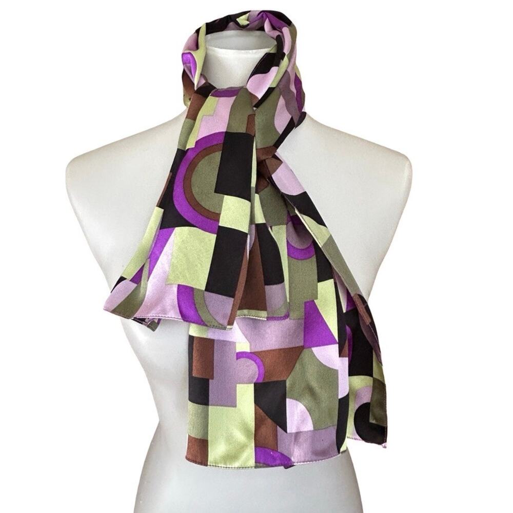 Vintage Geometric Silk Scarf Purple Olive and Brown